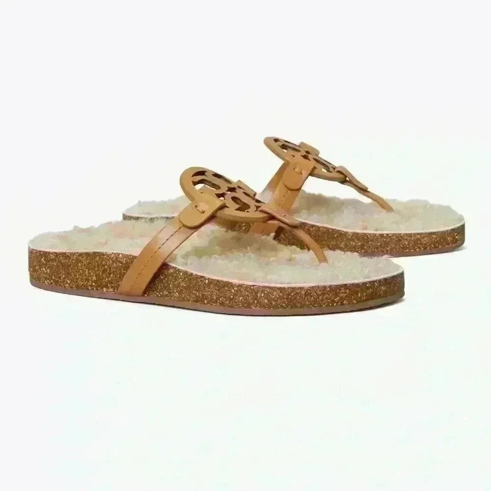 Tory Burch Miller Cloud Shearling Sandals, Caramel, size 7